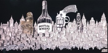 Winsor MaCay 1920's cartoon depicts a cityscape of Bootleg Whisky Crime Dope and Get Rich Quick money lust.